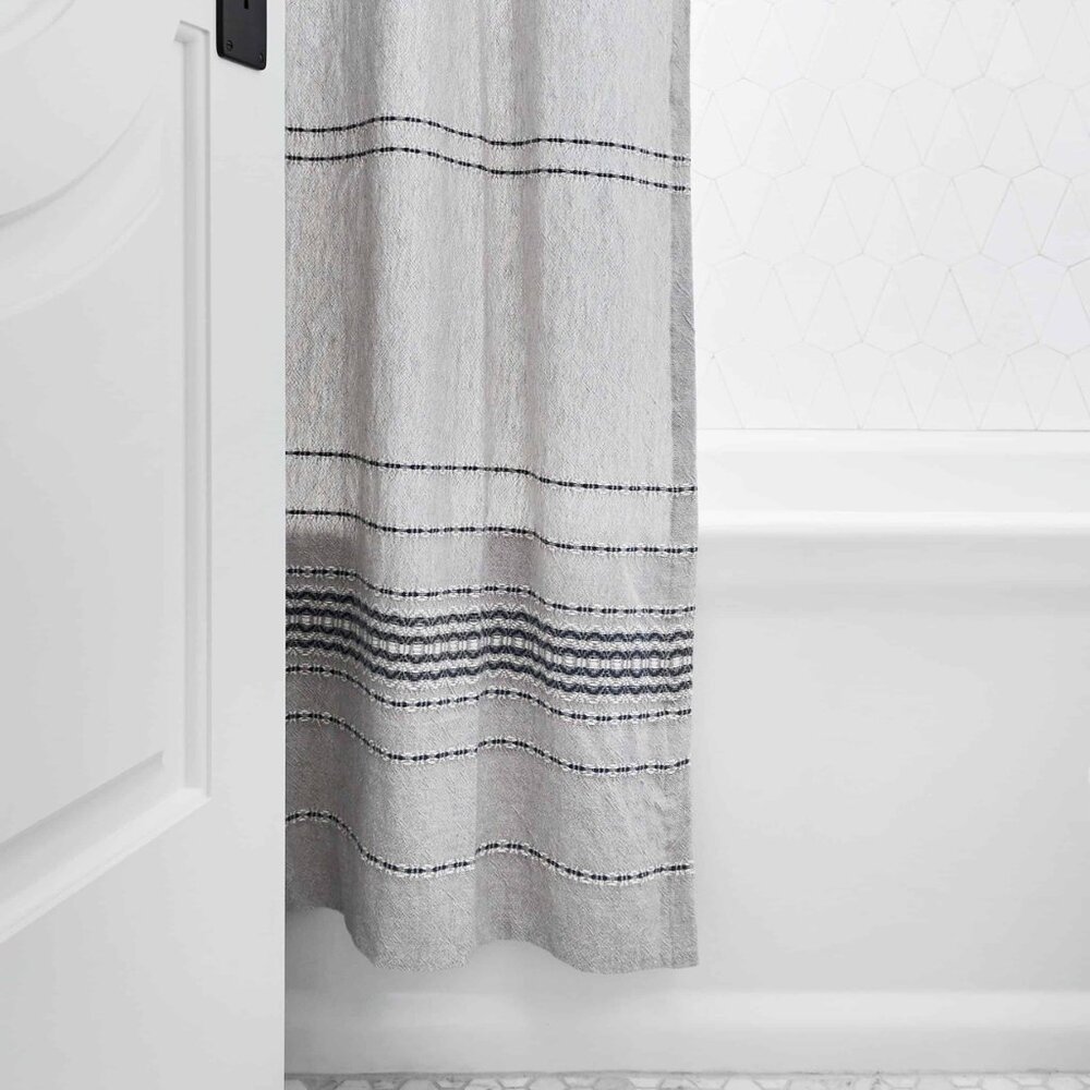 Coyuchi Ripple Stripe Organic Cotton Shower Curtain gray navy blue